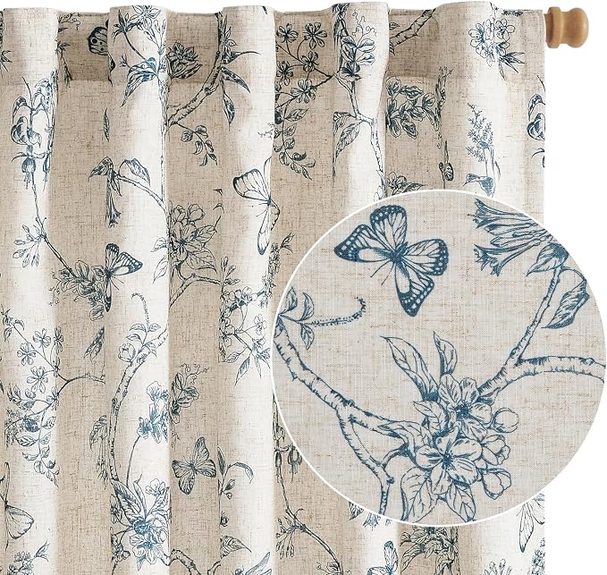Lazzzy Charlotte Lined Linen Farmhouse Blue Floral Curtains 63 Inch Length Back Tab Drapes for Living Room Bedroom Light Filtering Country Vintage Rod Pocket, 2 Panels, Blue on Beige