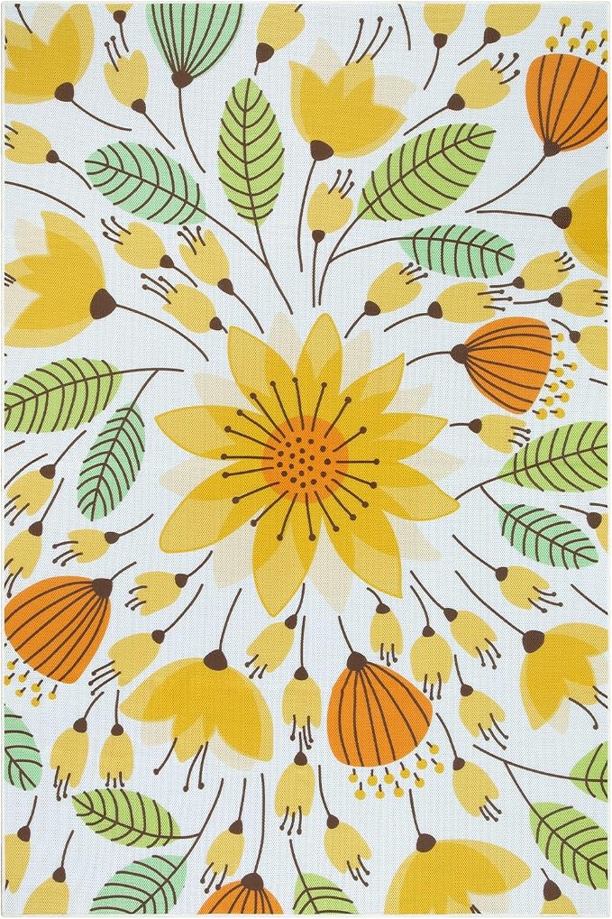 Lahome Floral Indoor Outdoor Rug, 6x9ft Non Slip Outdoor Patio Rug for Backyard Picnic, Soft Large Outdoor Camping Rugs for Balcony Deck, Washable RV Outdoor Rugs for Living Room Bedroom,Yellow