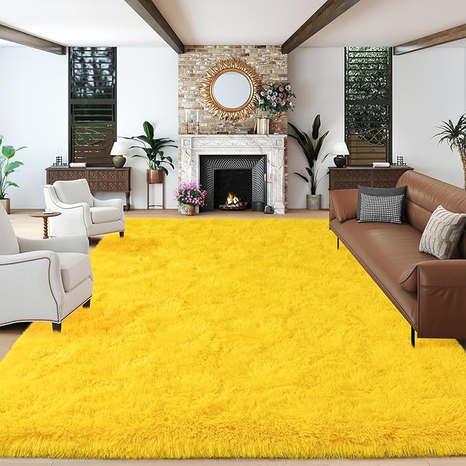 Dssimo Yellow Rug for Bedroom Living Room, 9x12 Soft Shaggy Area Rugs | Large Plush Fluffy Upgrade Non-Slip Yellow Area Rug for Nursery Kids Room Dorm Room Home Decor, Indoor Plush Floor Carpet
