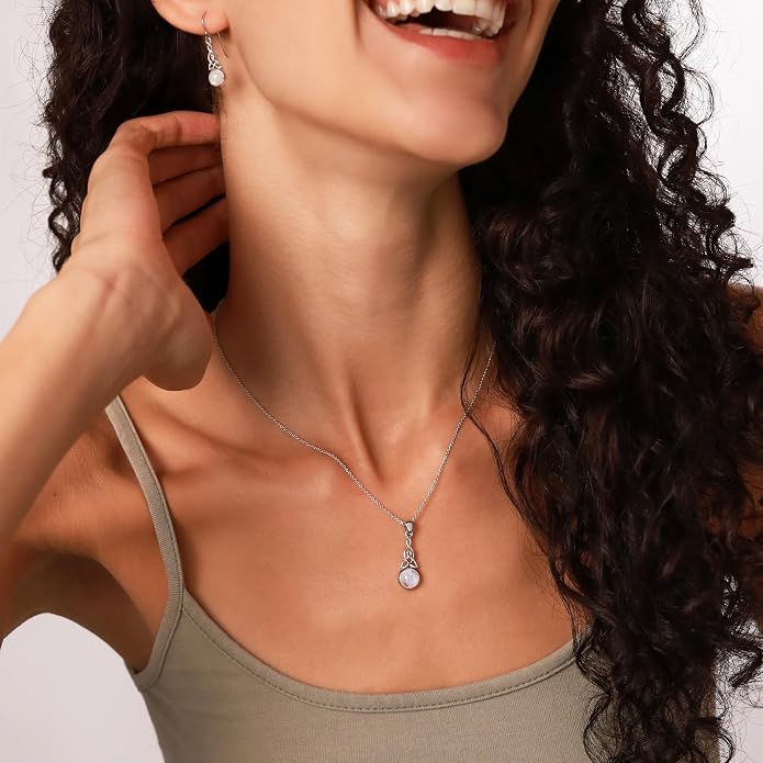 Silvershake 8MM Round Shape Gemstone White Gold Plated or Yellow Gold Plated 925 Sterling Silver Triquetra Celtic Knot Pendant or Pendant with 18 Inches Chain Necklace Jewelry for Women