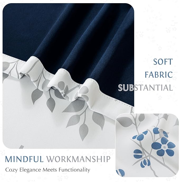 Beauoop Floral 100% Blackout Curtains for Bedroom Blue Grey 52X90 2 Panels | Flower Patterned Blue White Room Darkening Drapes for Living Room 90 Inch Long Thermal Soundproof Window treatment Rod Pocket