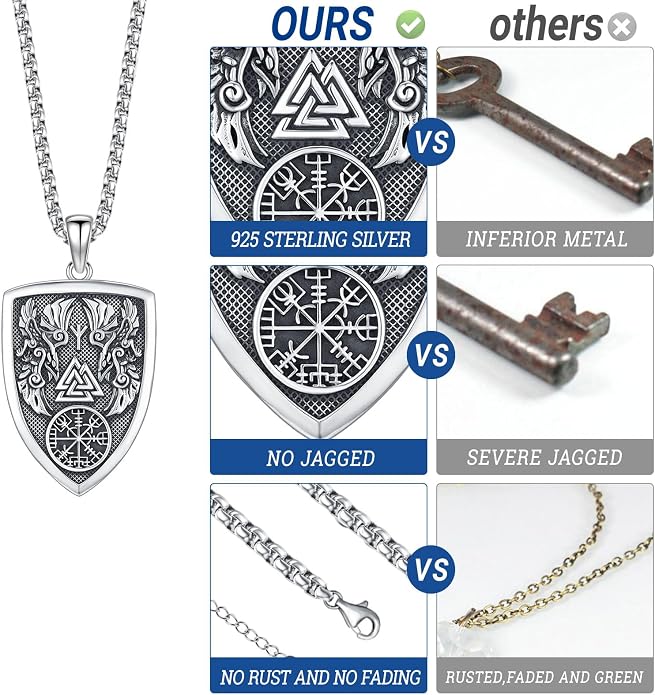 Eusense Viking Necklace for Men Women 925 Sterling Silver Pendant Thors Hammer/Norse Runes/Odin's Ravens/Wolf/Dragon/Snake/Yggdrasil/Freya/Helm of Awe/Valknut/Triskelion/Axe/Shield Viking Jewelry