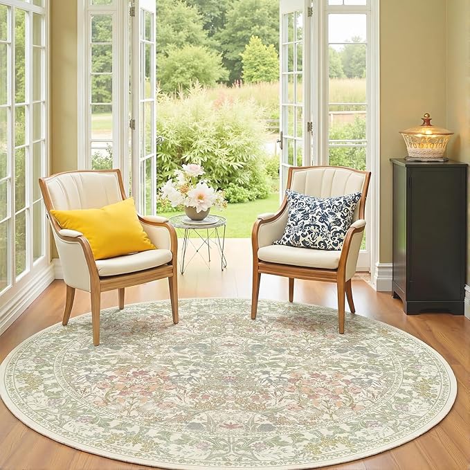 Lunasun Sage Green 6ft Round Rug for Living Room - Floral Circle Rug for Bedroom, Kids Room, Home Office, Washable Low Pile Non Slip, Pastel Green and Pink French Country Style Indoor Aesthetic Décor