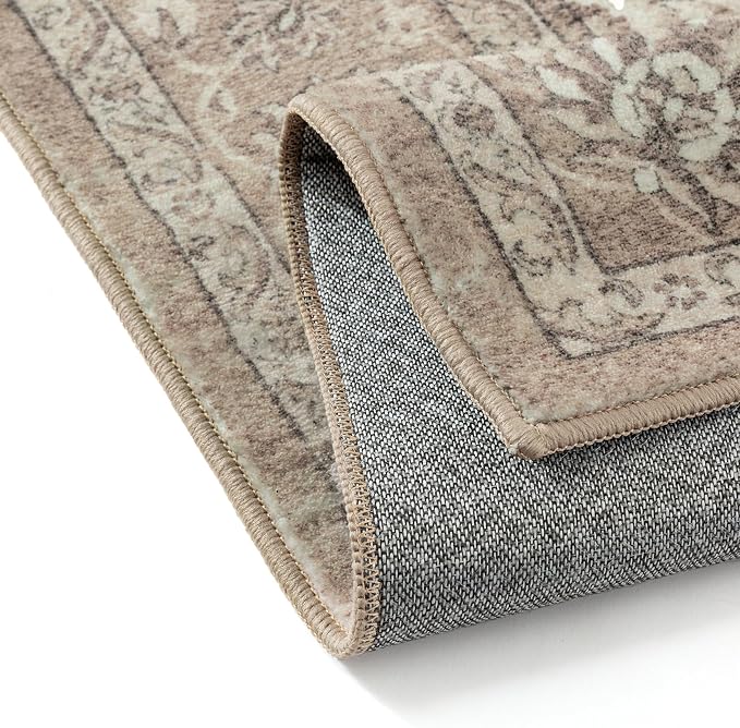 PureCozy 5x7 Area Rug Brown Washable Vintage Carpet Living Room Bedroom Non Slip Stain Soft Resistant Low Pile Thin Boho Accent Indoor Throw Rug for Dining Room Office