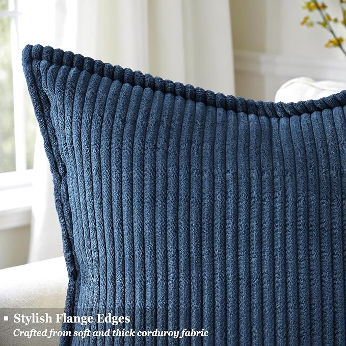 decorUhome Fall Corduroy Navy Blue Throw Pillow Covers 16x16 Set of 2 | Couch Decorative Soft Modern Boho Farmhouse Pillow Covers Broadside Striped Pillow Cases for Living Room Bed Sofa