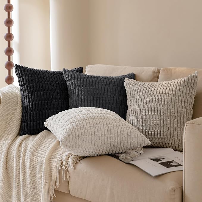 Softalker Throw Pillow Covers 20x20 Inch, Set of 4, Corduroy Soft Striped Farmhouse Boho Pillow Cover, Modern Decorative Cushion Pillow Case for Couch Sofa Bedroom Living Room, Grey/Black