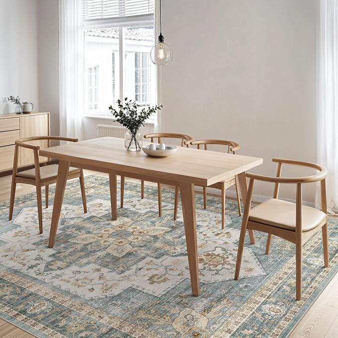 Tortania Area Rug Living Room Rugs - 6x9 Washable Boho Rug Vintage Oriental Distressed Farmhouse Large Thin Indoor Carpet for Living Room Bedroom Under Dining Table Home Office - Muted Teal