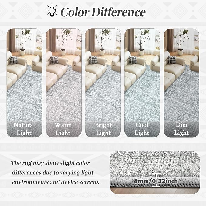 2x8 Washable Runner Rug: Moroccan Geometric Boho Rug Farmhouse Non Slip Stain Resistant Rugs Low Pile Soft Carpet for Porch Kitchen Laundry Room Living Room Bedroom (Grey,2'x8')