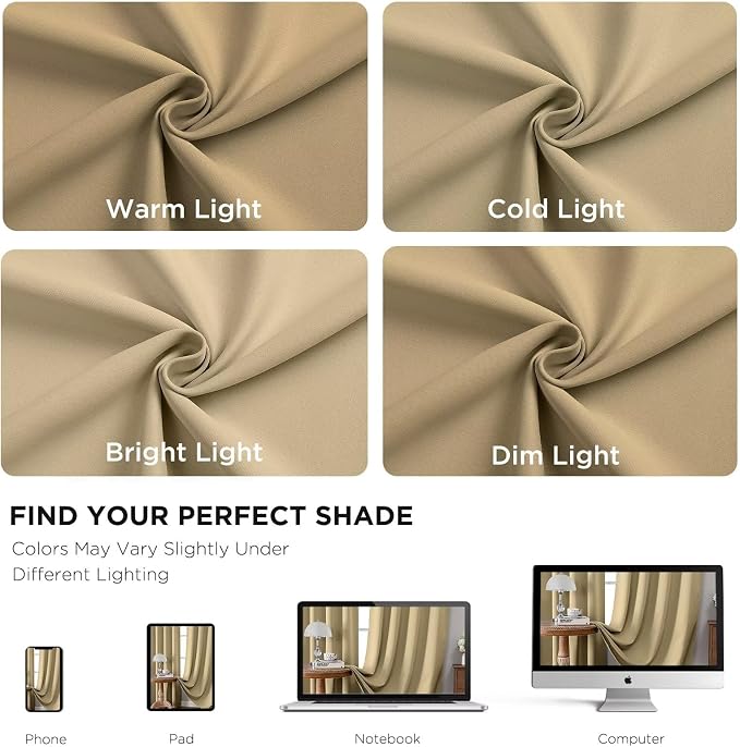 Joydeco 72 Inch Blackout Curtains for Bedroom, Thermal Insulated Black Out Curtains, Room Darkening Drapes for Living Room Window Rod Pocket Back Tab (W52 x L72 Inch, Beige)