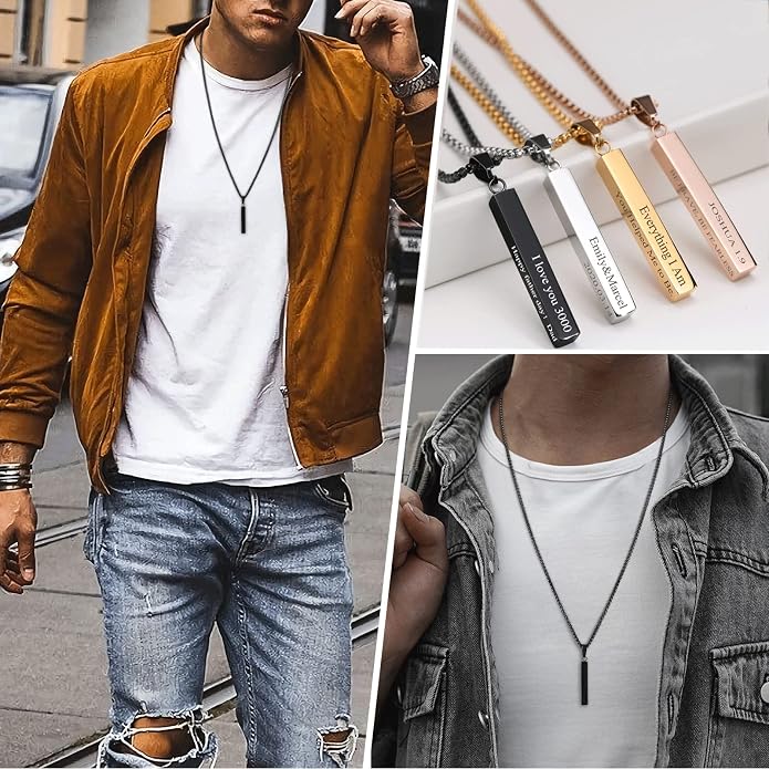 VNOX Personalized Bar Necklace Vertical - Customized Necklace Stainless 3D Pendant Custom Name Engravable Necklace Gift for Women Men
