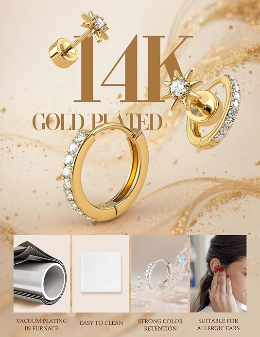 Florideco Flat Back Earrings Hypoallergenic Surgical Steel Earrings for Women Trendy Cartilage Chain Earring 14K Gold Plated Star Heart CZ Flatback Stud Earring Sets for Multiple Piercing