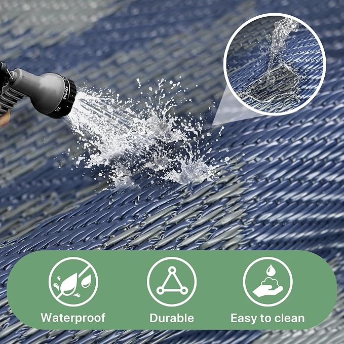GENIMO Outdoor Rug, Waterproof Plastic Rugs for Patio, 9'x12' Blue Grey | Outside Larger Leaf Carpet Mat for Porch Decor, Deck, Balcony, Camping, RV, Backyard, Picnic, Beach, Reversible, Foldable
