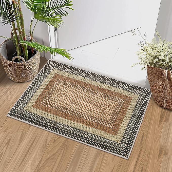 RUGSREAL Entryway Area Rug 2x3 Small Rug Machine Washable Bedroom Area Rug Non Slip Bathroom Mat Stain Resistant Kitchen Mat Farmhouse Carpet Modern Rustic Rug for Living Room Dining Room, Sand/Bronze