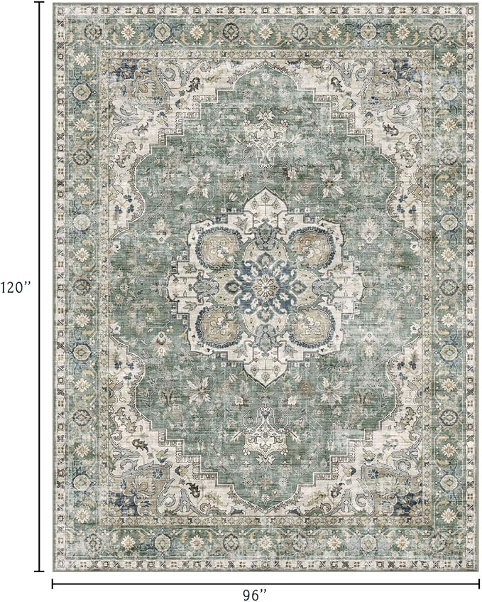 LUXRUG Washable Area Rug 8x10 - Large Sage Green Boho Rugs for Living Room Soft Vintage Bedroom Rug Ultra-Thin Farmhouse Oriental Distressed Carpet Non Slip Rug for Dining Room Guest Room Home Decor