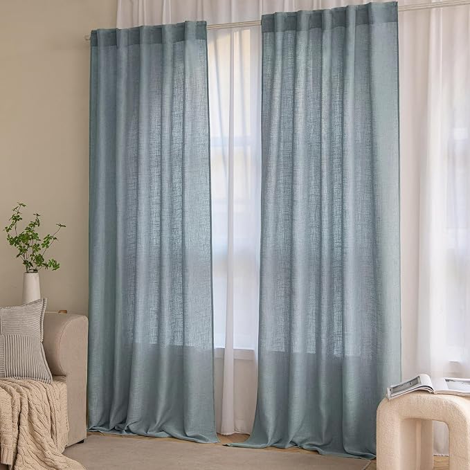 MIULEE Dusty Blue Linen Curtains 90 Inch Long 2 Panels for Bedroom Living Room, Soft Thick Linen Textured Window Drapes Semi Sheer Light Filtering Rod Pocket Back Tab Light Blue Burlap Look Decor