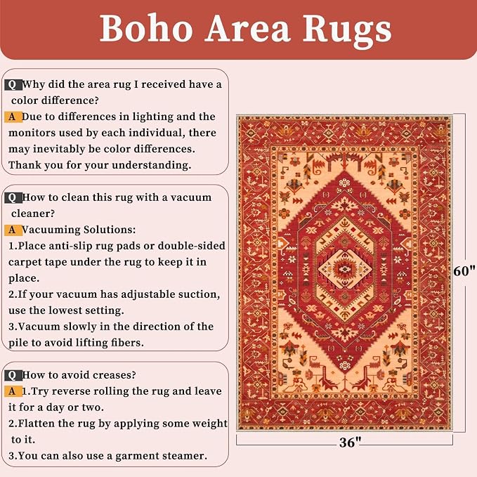 SERISSA Area Rug 3x5 Boho Rugs for Bedroom, Washable Non-Slip Living Room Rug, Ultra Soft Print Distressed Vintage Red Rug Low-Pile Throw Carpet for Entry Kitchen Bedroom Nursery Dorm Decor