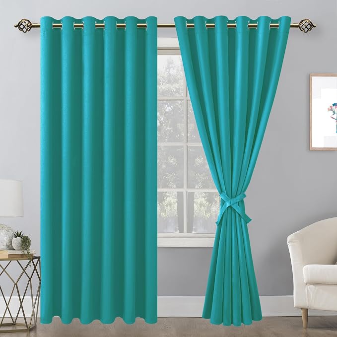 Hiasan Room Darkening Curtains for Bedroom, 70 x 84 Inches - Thermal Insulated & Energy Saving Window Drapes for Living Room/Dorm Room, Set of 2 Panels Sewn with Tiebacks, Peacock Teal