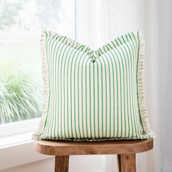 ZWJD Throw Pillow Covers 18x18 Set of 2 Green Striped Pillow Covers with Fringe Chic Cotton Decorative Pillows Square Cushion Covers for Sofa Couch Bed Living Room Farmhouse Spring Decor