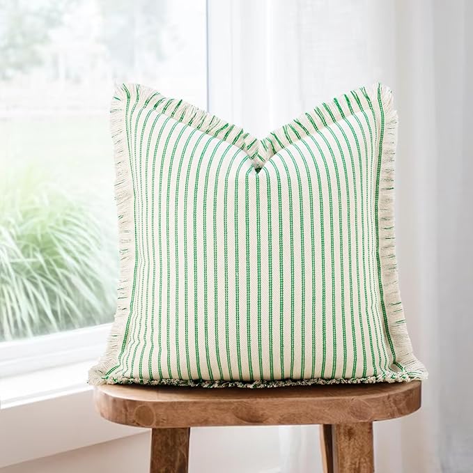 ZWJD Throw Pillow Covers 22x22 Set of 2 Green Striped Pillow Covers with Fringe Chic Cotton Decorative Pillows Square Cushion Covers for Couch Bed Living Room Farmhouse Spring Decor