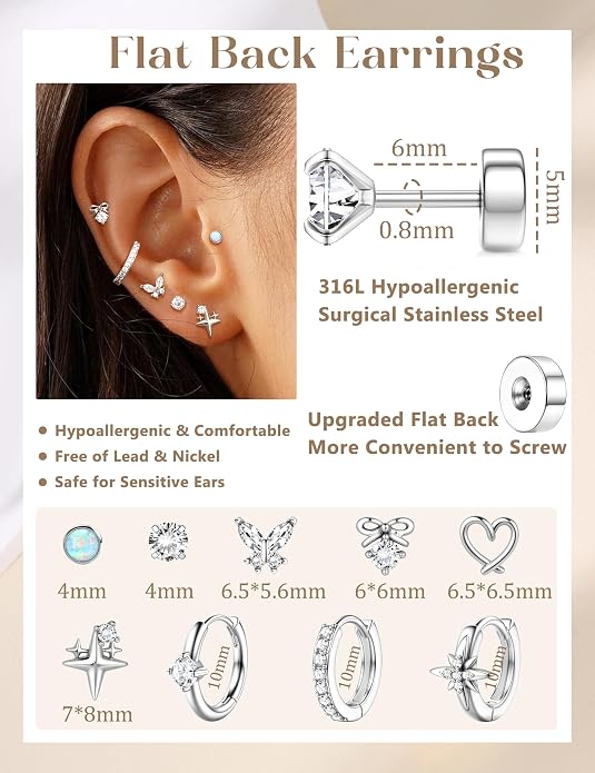 Kakonia Hypoallergenic Flat Back Earrings for Women Men Surgical Steel Earring for Sensitive Ears, 14K Gold Plated Stainless Steel Flatback Stud Hoop Cartilage Earring Stacks for Multiple Piercing