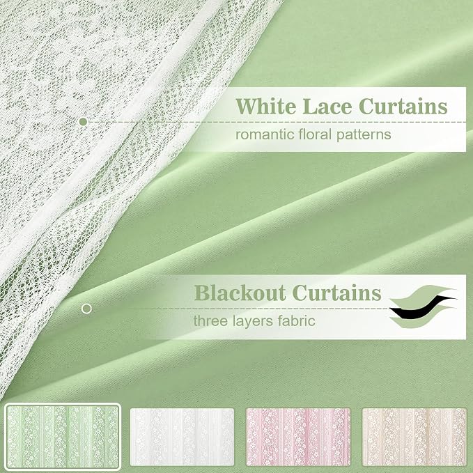 ASPMIZ Sage Green Blackout Curtains for Bedroom 84 inch Long, Double Layer Curtains for Living Room Light Blocking Grommet Drapes with Lace Overlay, Thermal Insulated Window Curtain Set of 2, 52x84