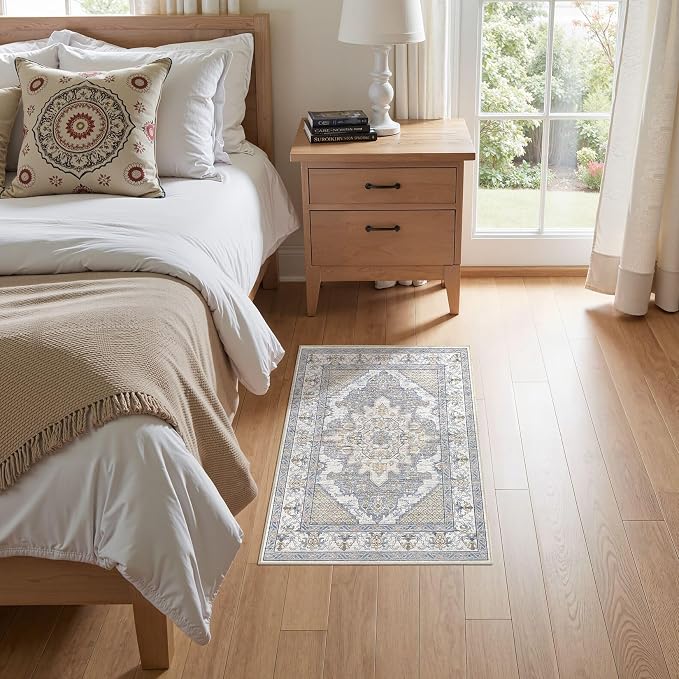 Tortania Area Rug 2x3 Doormat - Washable Vintage Oriental Farmhouse Soft Thin Indoor Carpet for Living Room Bedroom Hallway Entryway Kitchen - Blue Beige