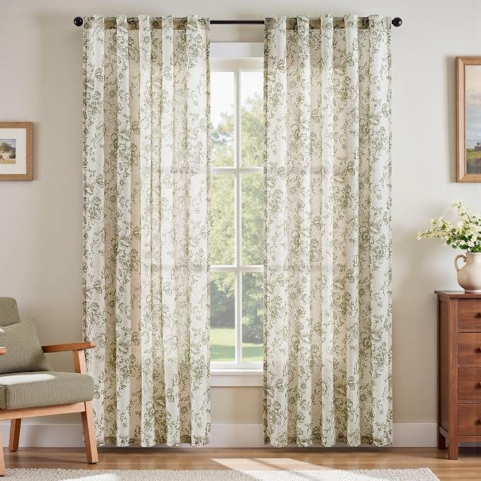 jinchan Green Floral Linen Curtains 84 Inch Vintage Back Tab 2 Panels | Light filtering drapes, semi sheer, farmhouse, cottagecore, rustic, living room, bedroom, rod pocket, window treatment