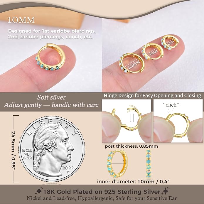 Tiny Mini Opal Huggie Hoop Earrings Upper Ear Cartilage Helix 18k Gold Plated Silver Minimalist Simple Small 10mm 8mm 6mm Hoop Earrings