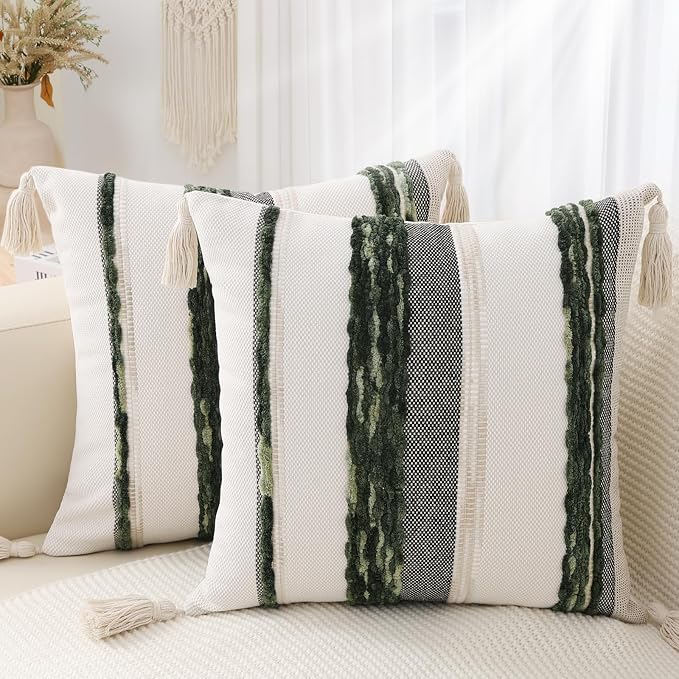 Simmore Fall Boho Decorative Green Throw Pillow Covers 18X18 Set of 2 | Tufted Accent Modern Farmhouse Neutral Pillow Covers with Tassels for Cozy Bohemian Couch Sofa Bedroom Home Decor