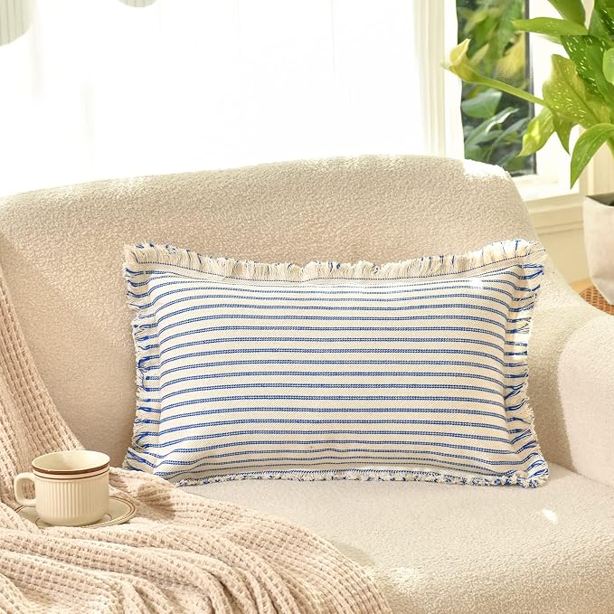 ZWJD Throw Pillow Covers 12x20 Set of 2 Striped Pillow Covers with Fringe Chic Cotton Decorative Pillows Square Cushion Covers for Sofa Couch Bed Living Room Farmhouse Decor(Bright Blue)