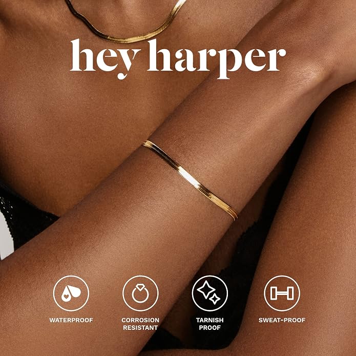 Hey Harper Gold Bracelet For Women Trendy - 14K Gold Dainty Bracelet - Waterproof Sweatproof Non Tarnish Jewelry Gift for Women and For Everyday