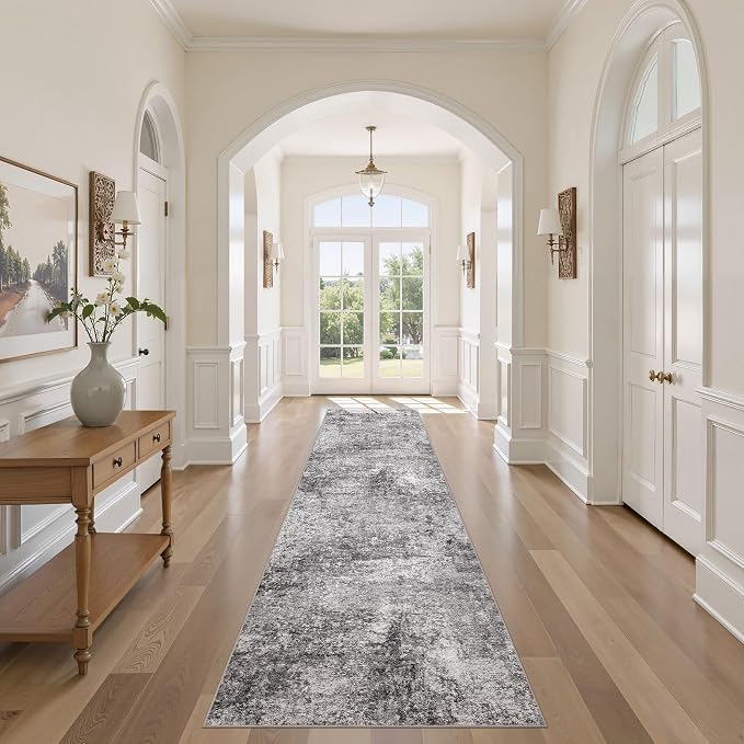 DMOYEST Washable Runner Rug for Hallway: 2.6x10 Neutral Modern Abstract Low Pile Area Rug with Non-Slip Backing - Carpet for Bedroom Kitchen Laundry Entryway Bathroom Indoor - Grey