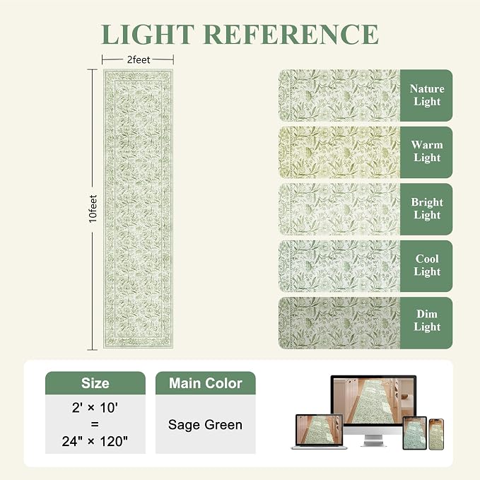 DUKINO 2x10 Runner Rug for Hallway, Washable Vintage Floral Rug, Sage Green | Non Slip, Low Pile, Non-Shedding, Stain Resistant Soft Long Runner Carpet for Kitchen Bathroom Entryway Bedroom Farmhouse