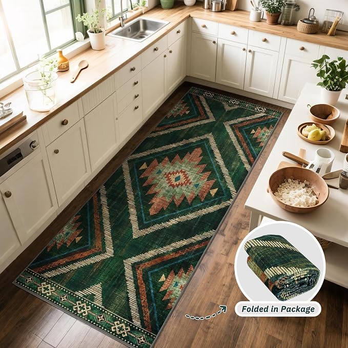Boho 2.6x8ft Runner Rugs for Hallway Kitchen Non Slip, Long Green Geometric Washable Entryway Rug Runners Low Pile, Soft Vintage Indoor Floor Carpet for Doorway Bedroom Farmhouse Home Decor