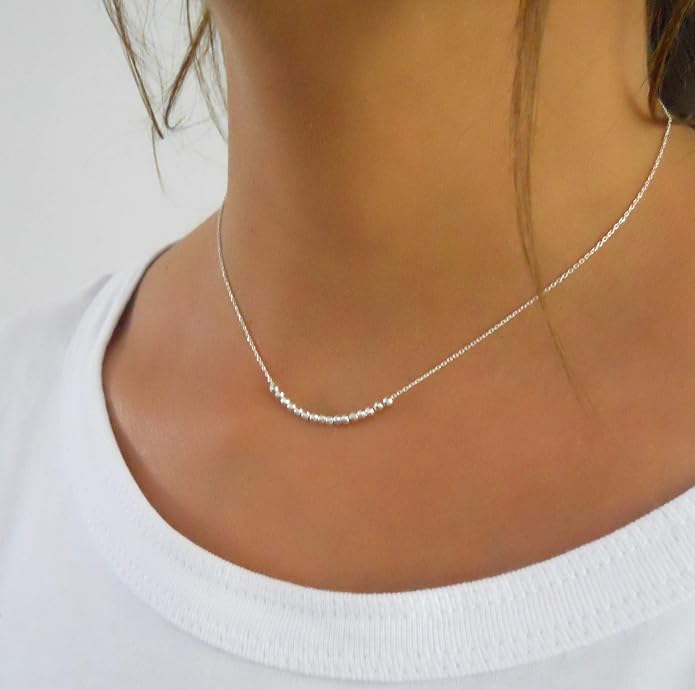 Annika Bella 925 Sterling Silver Beaded Bar Necklace for Women, Dainty Short Necklace with Silver Beads, Tarnish Resistant Jewelry, Gift for Her
