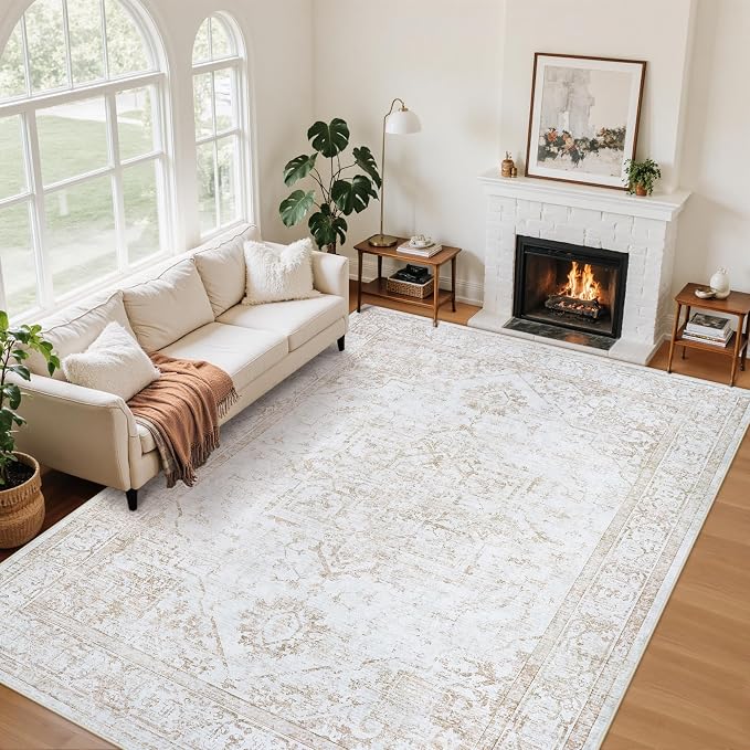 5x7 Area Rugs for Bedroom:Beige Washable Vintage Medallion Rug Non-Slip Soft Low Pile Large Rugs Indoor Retro Carpet for Living Room Kitchen Nursery Dining Table Office (Beige, 5'x7')