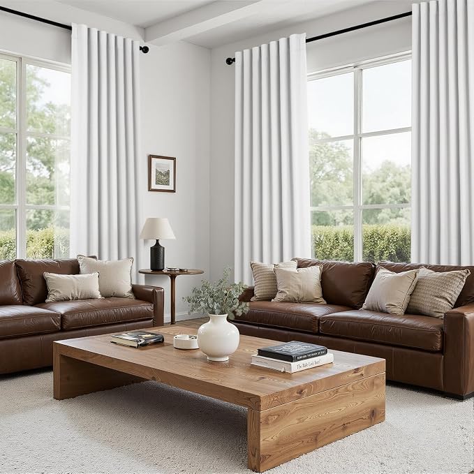 Topfinel Snow White Linen Blackout 120 Inch Curtains for Large Living Room 2 Panels Set Back Tab Drapes Farmhouse Thermal Insulated Full Black Out Curtains 120 Length High Ceiling to Floor 52Wx120L