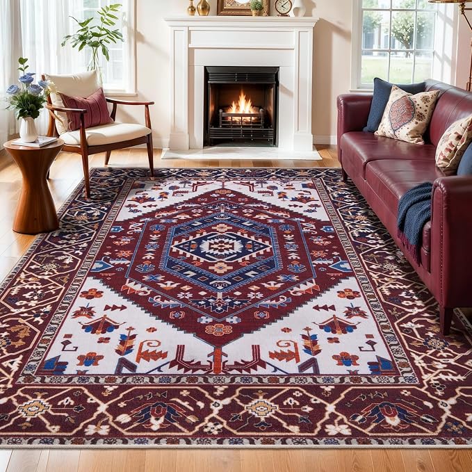 SERISSA 6x9 Area Rugs for Living Room, Large Washable Non-Slip Boho Rug, Ultra Soft Vintage Burgundy Navy Oriental Tribal Print Distressed Carpet for Dining Room Bedroom Dorm Office Home Decor