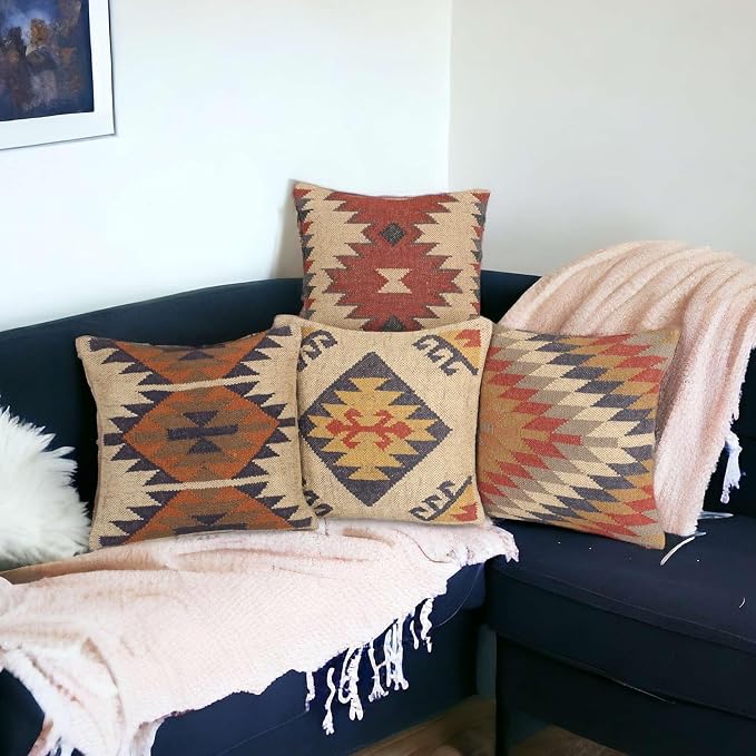 Set of 4 Wool Jute Vintage Kilim Cushion Covers,Home Decor Pillowcases Handwoven Turkish Pillow Decorative Throw Pillow Covers (Multicolor-6)