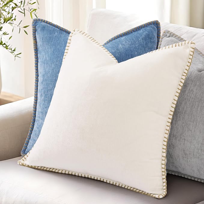 decorUhome Soft Chenille Throw Pillow Covers 24x24 Set of 2 Blue | Fall Textured Decorative Throw Pillow Cases Stitched Edge Modern Farmhouse Luxury Boho Velvet for Couch Sofa Bed Home Decor