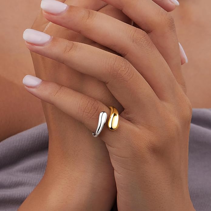 Non Tarnish Gold Chunky Rings for Women, 14K Gold Plated Statement Dome Rings Stacking Silver, Adjustable Mens Eternity Wedding Band Mixed Metal Jewelry Size 3-13