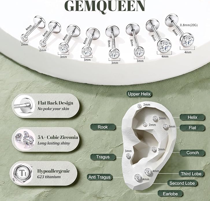 GEMQUEEN 4 Pairs 16G/18G/20G G23 Titanium Implant Grade Nose Studs Threadless Flat Back Earrings Hypoallergenic Flatback 5A CZ Cartilage Helix Tragus Conch Tiny Lip Piercing Jewelry for Women Men