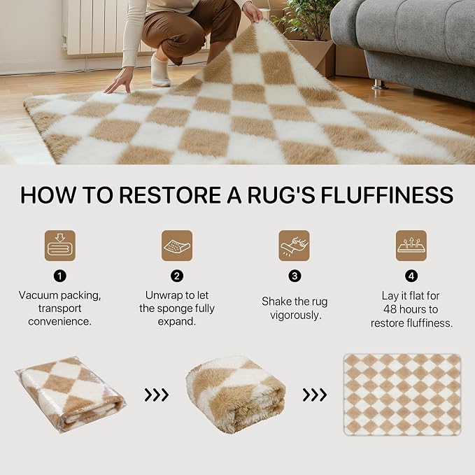 GENIMO Checkered Rug 8x10 Area Rugs for Kids Bedroom Soft Shag Rug Fluffy Fuzzy Carpet Plush Rugs for Living Room Nursery Playroom Dorm Modern Home Decor Aesthetic, Beige and White
