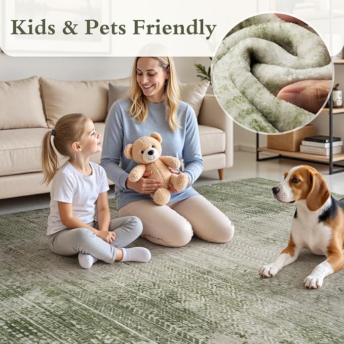 8x10 Area Rugs for Living Room Non Slip Machine Washable Rug Distressed Abstract Soft Indoor Carpet Neutral Boho Rug for Bedroom Dining Room Playroom Office, Green