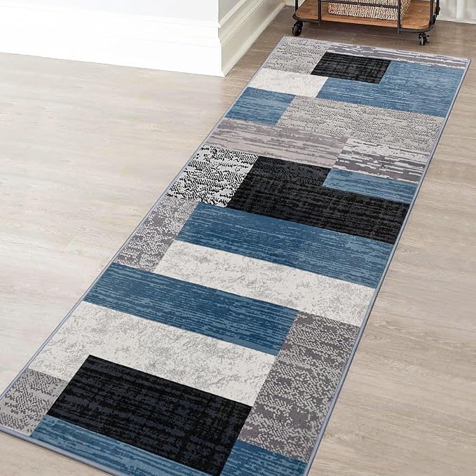 FlyDOIT Modern Geometric Patchwork Area Rug, 2x6 Blue Runner Rugs for Living Room, Rockwood Collection Indoor Rugs for Bedroom, Throw Carpet Floor Decor for Entryway Dining Room Office Nursery