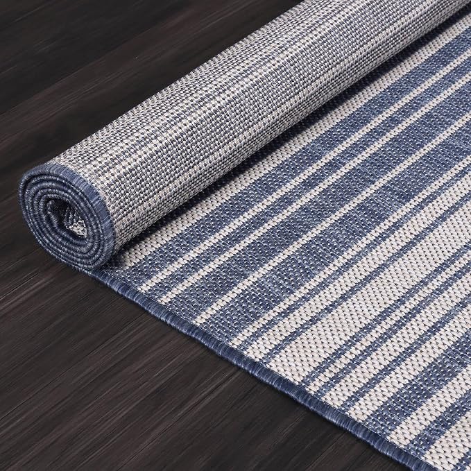 Luul Home Stripe Outdoor Rug 8x10 Washable Outside Carpet for Indoor Patio Porch Waterproof Easy Cleaning Non Shedding Area Rugs Blue 8 x 10