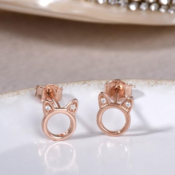 Cat Stud Earrings for women Sterling Silver Hypoallergenic Tiny Small Cute Gold Plated Cubic Zirconia Earrings for Women Girls Birthday Gifts