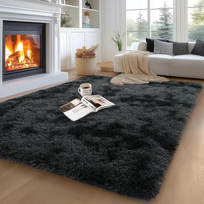qulint 5x7 Rug for Living Room, Shag Fluffy Rug for Bedroom, Black/Grey | Plush Tie-dyed Black Gray Rug for Boy Room, Shaggy Fuzzy Modern Carpet for Dorm Classroom Nursery Home Decor