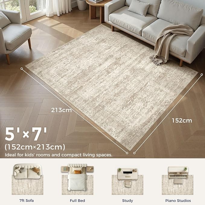 DMOYEST Area Rug Living Room Rugs - 5x7 Abstract Large Soft Indoor Washable Rug Neutral Modern Low Pile Carpet for Bedroom Dining Room Farmhouse Home Office - Vintage Beige