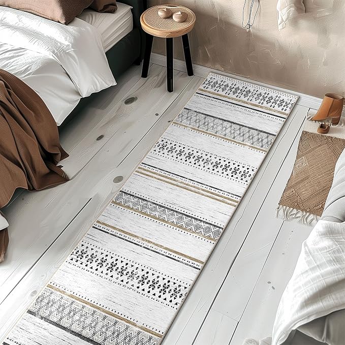 BESTSWEETIE 2x8 Area Rugs for Living Room Washable Moroccan Farmhouse Neutral Geometric Low Pile Non-Slip Soft Print Pattern Rug for Bedroom Kitchen Dining Room Entryway Black/Brown